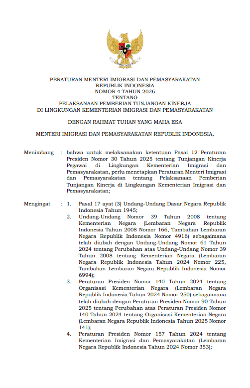 Peraturan Menteri Imigrasi dan Pemasyarakatan Republik Indonesia Nomor 4 Tahun 2026 Tentang Pelaksanaan Pemberian Tunjangan Kinerja di Lingkungan Kementerian Imigrasi dan Pemasyarakatan